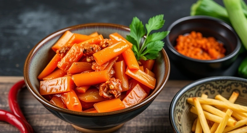 Illustration of a jar of freshly made kimchi with vibrant red seasoning, surrounded by ingredients like napa cabbage, garlic, and chili peppers, accompanied by text that reads 'Master the Art of Perfect Kimchi Fermentation in Just 5 Easy Steps