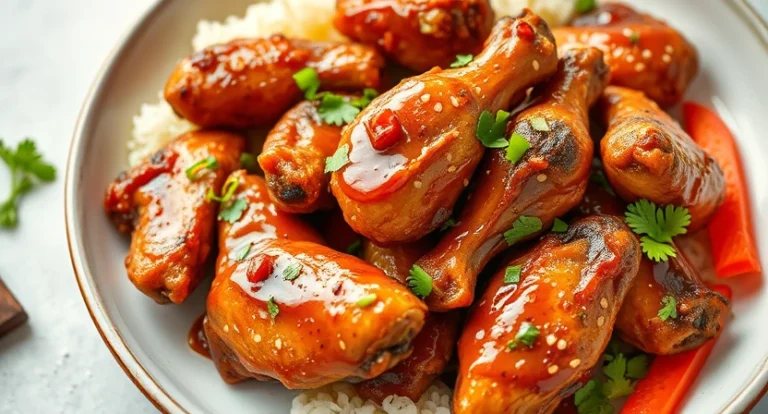 Korean Chicken Wings, Plated Korean chicken wings with rice and vegetables.