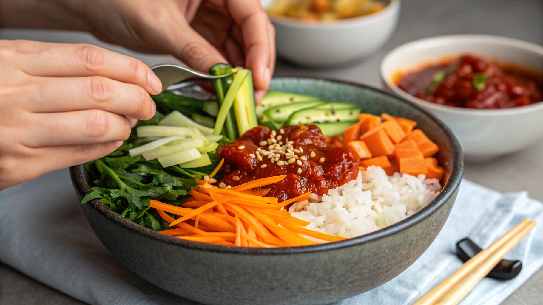 Hands arranging sliced vegetables in a bowl of bibimbap.