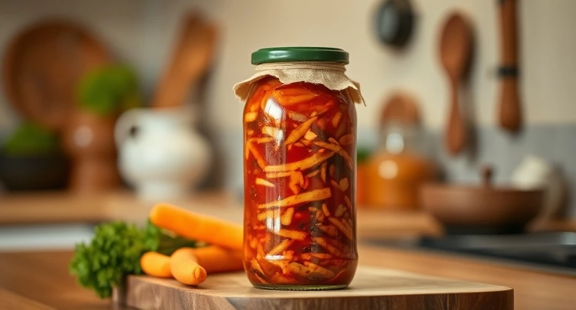Homemade vegan kimchi in a glass jar with fresh ingredients like Napa cabbage, carrots, and daikon radish on a wooden table