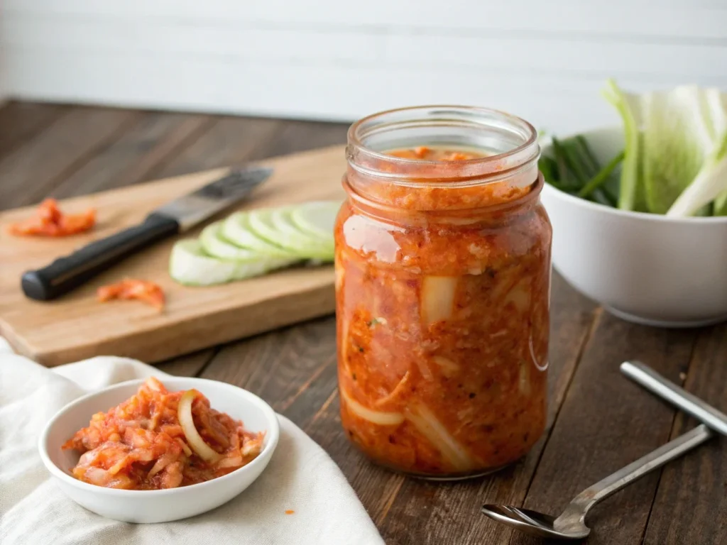 "Jar of kimchi on a wooden table with a small bowl of kimchi and sliced zucchini."