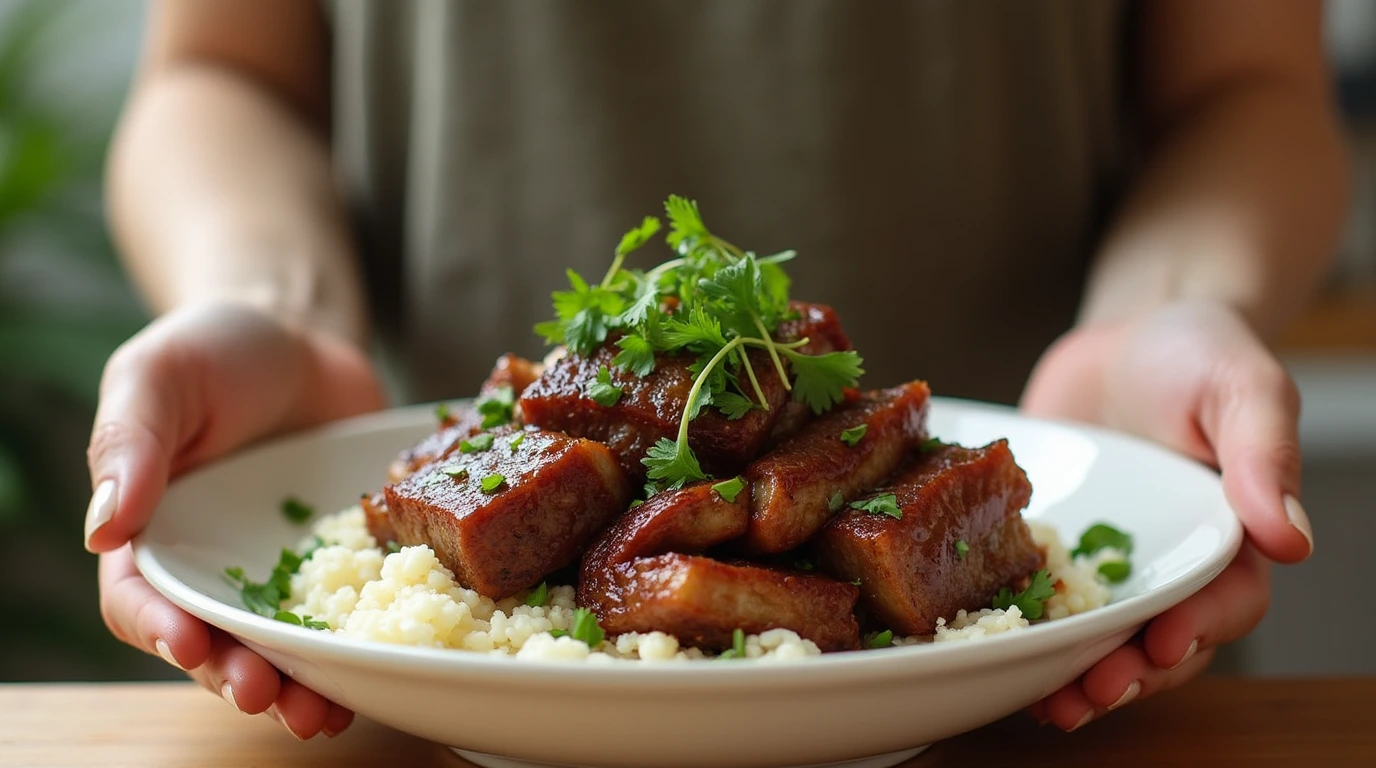 Slow cooker Korean short ribs garnished with sesame seeds and green onions, served with steamed rice.