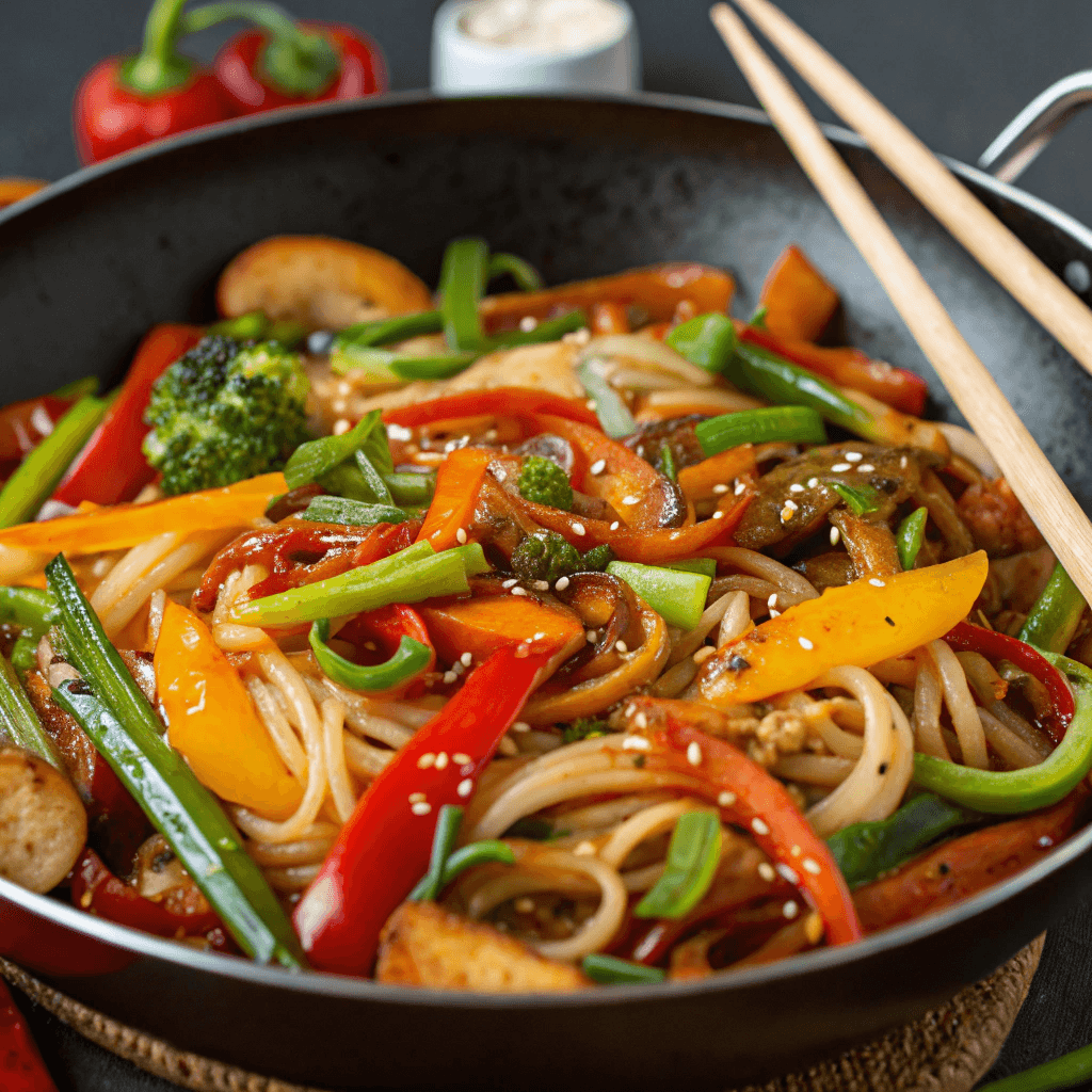 A colorful stir-fry with vegetables and meat glazed with Korean BBQ sauce on a pan.