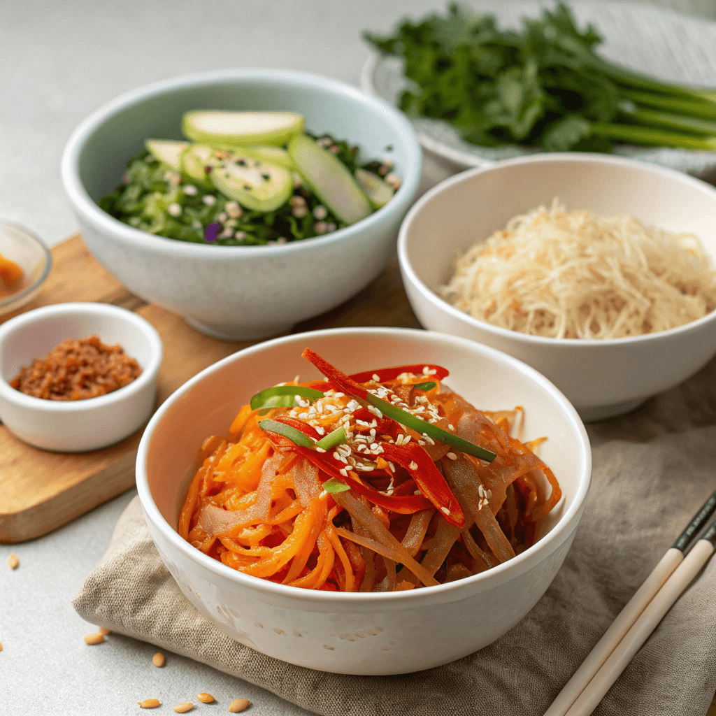 making-kongnamul-muchim This image shows the step-by-step process of creating korean bean sprout salad.