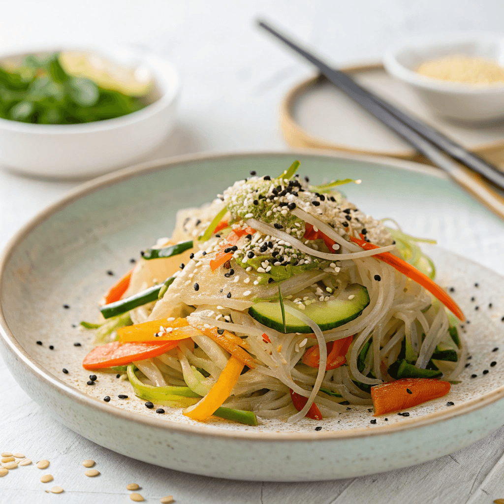 This image displays a beautifully plated Cheonsachae salad, ready to be enjoyed. The salad is garnished with sesame seeds and served on a small plate, perfect for a side dish.