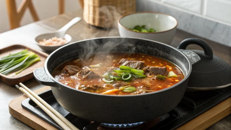 A pot of simmering Korean beef soup.