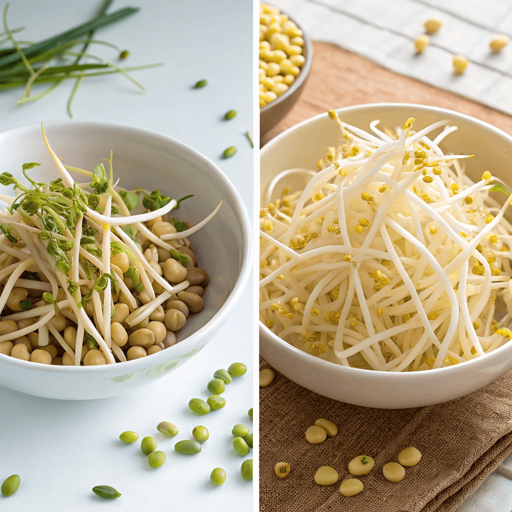 A side by side comparison showing the difference in shape and color between Korean soybean sprouts and mung bean sprouts.