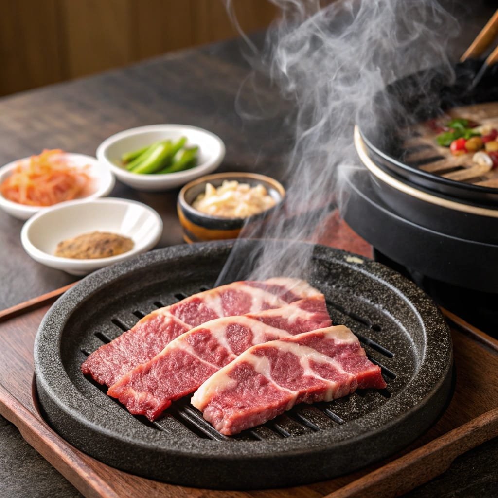 Bulgogi being grilled on a tabletop grill.