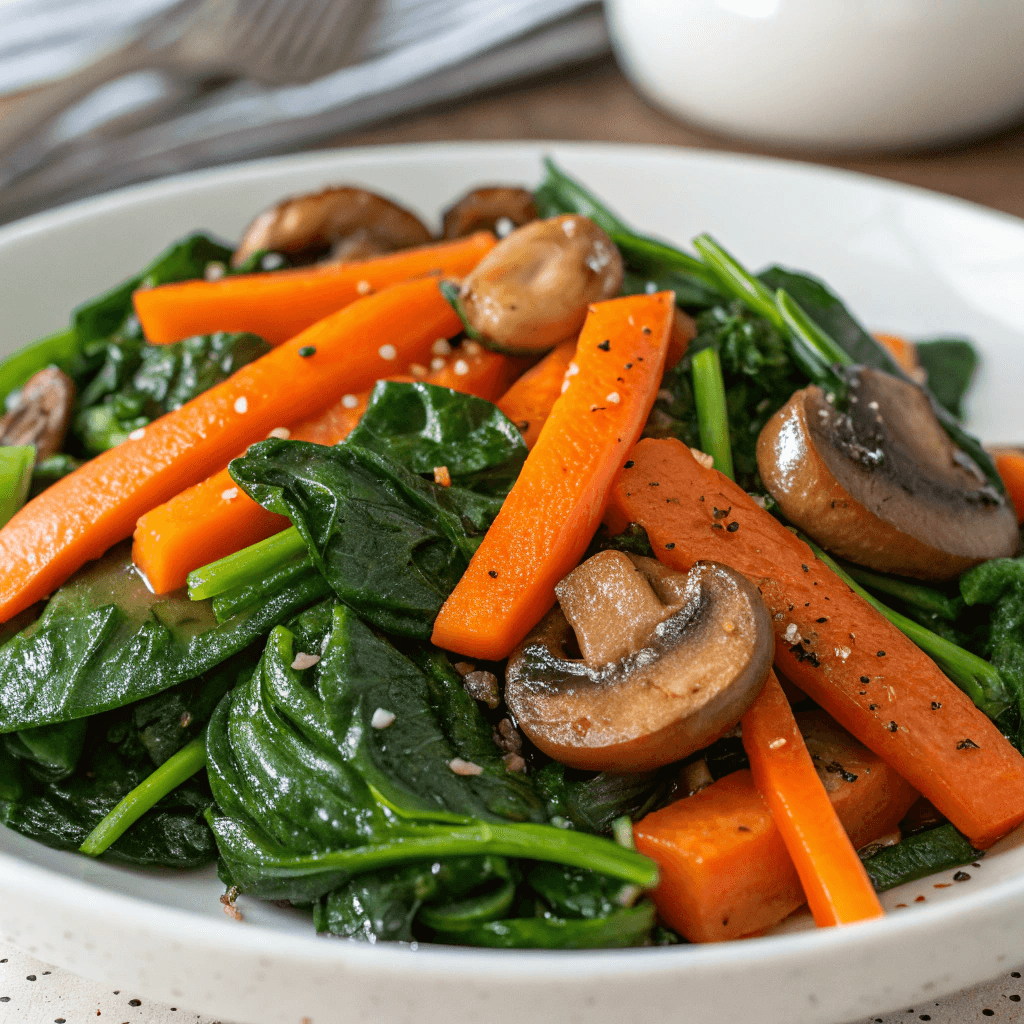 Sigeumchi Namul with added carrots and mushrooms. A photograph showcasing variations of Sigeumchi Namul with added carrots and mushrooms. Highlighting adaptability of the dish to different tastes.