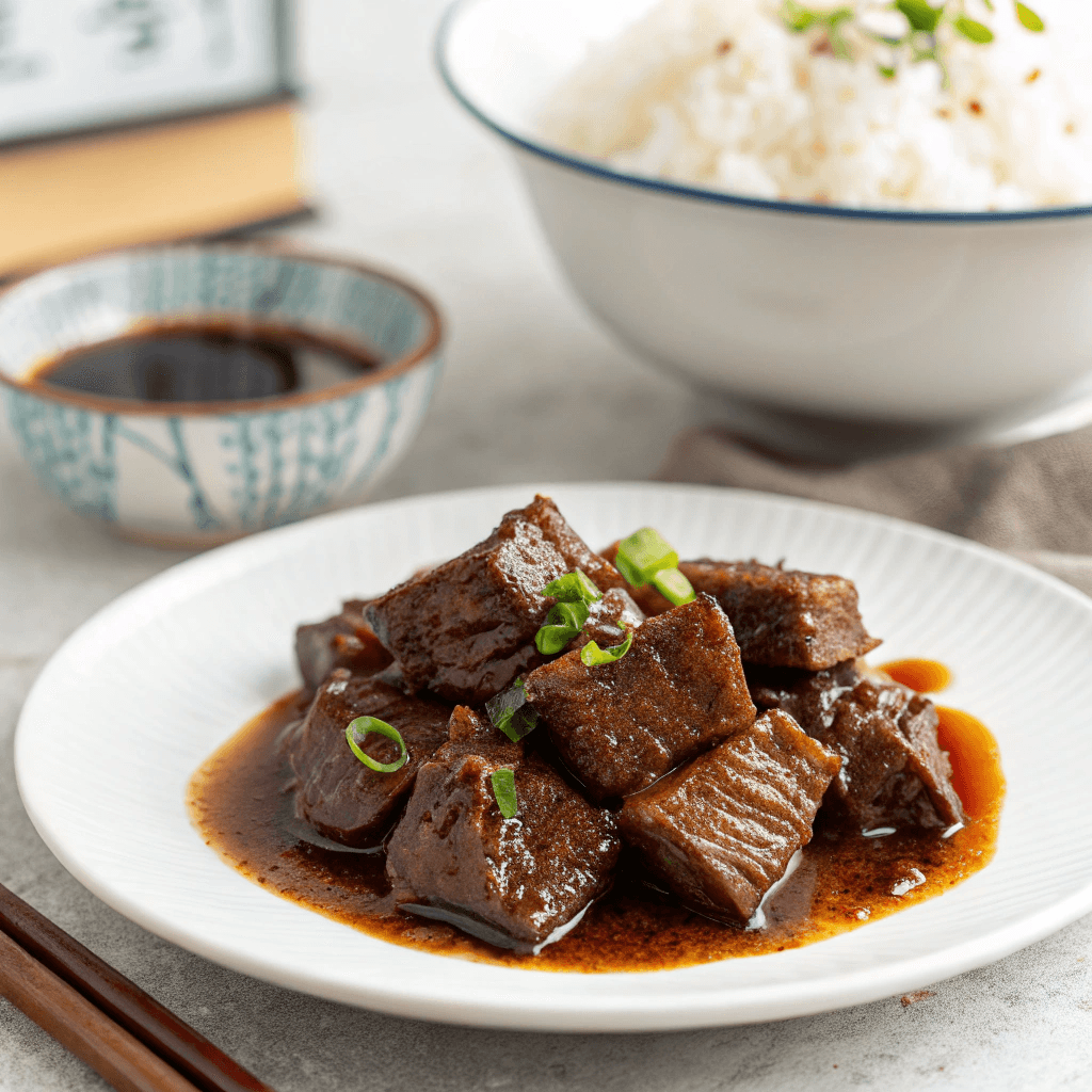 Tender pieces of braised beef glistens in its savory sauce, highlighting its rich texture and vibrant color.