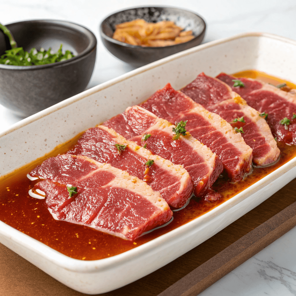 Marinated meat with bulgogi sauce being prepared for cooking in a Korean restaurant.