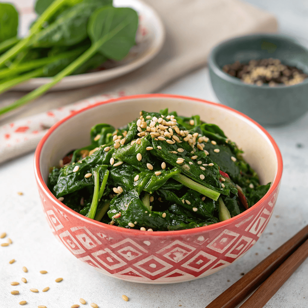 Freshly made Sigeumchi Namul with sesame seeds, showcasing the simple and healthy ingredients of this Korean spinach side dish.