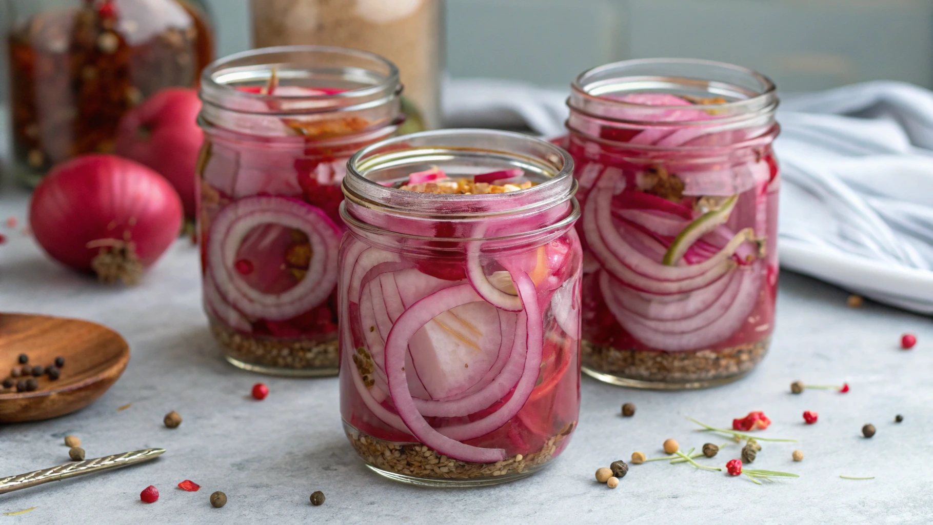 Three jars of pickling red onions with whole onion