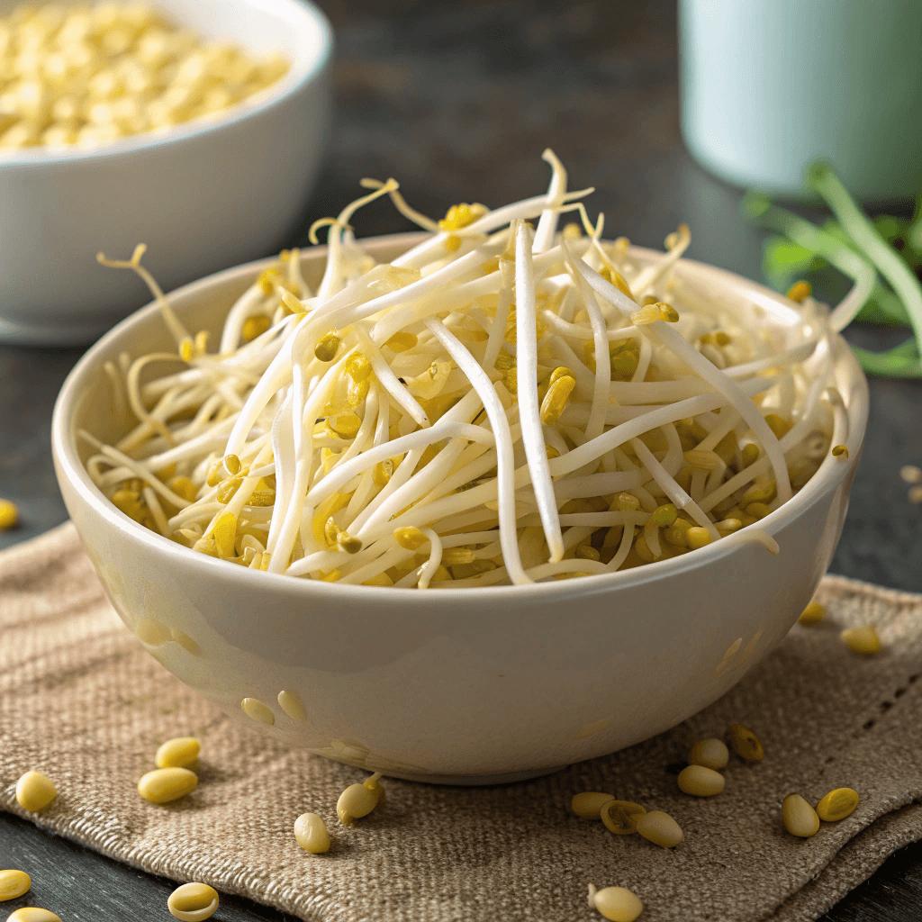 A bowl of fresh, pale yellow Korean bean sprouts, ready for cooking.