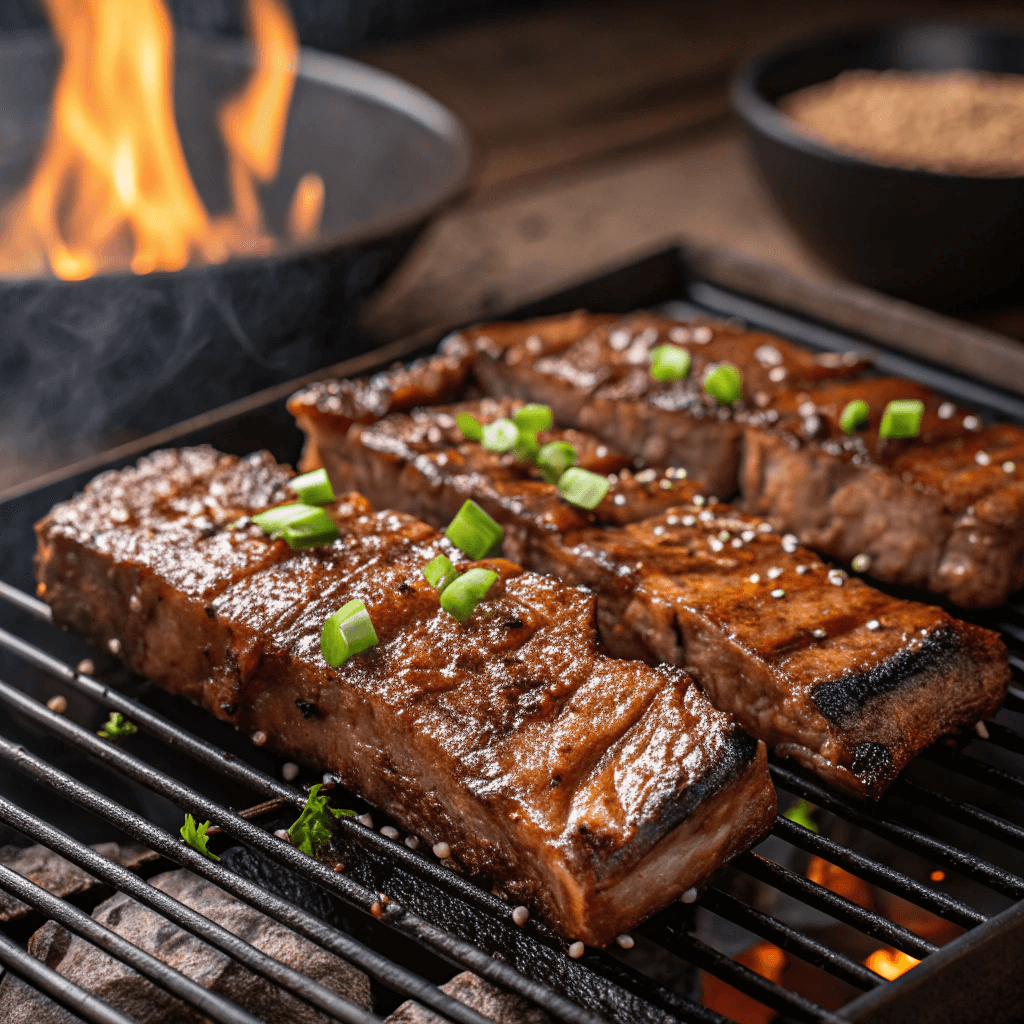 Close-up of grilled Galbi ribs glistening with marinade.