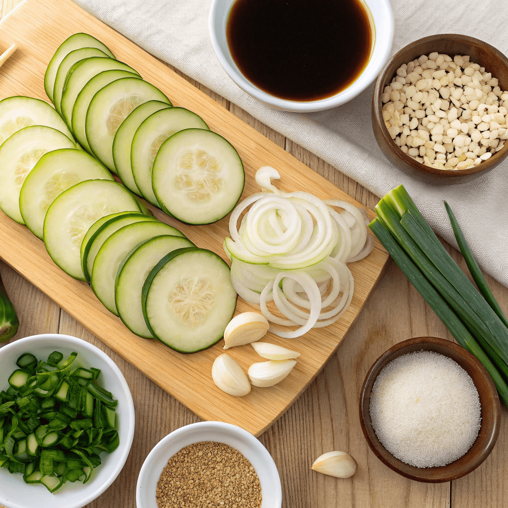 Â An eye-level shot showcasing the fresh ingredients for Hobak Bokkeum: zucchini, onions, garlic, green onions, soy sauce, sesame oil, and other optional spices, arranged on a rustic wooden surface.