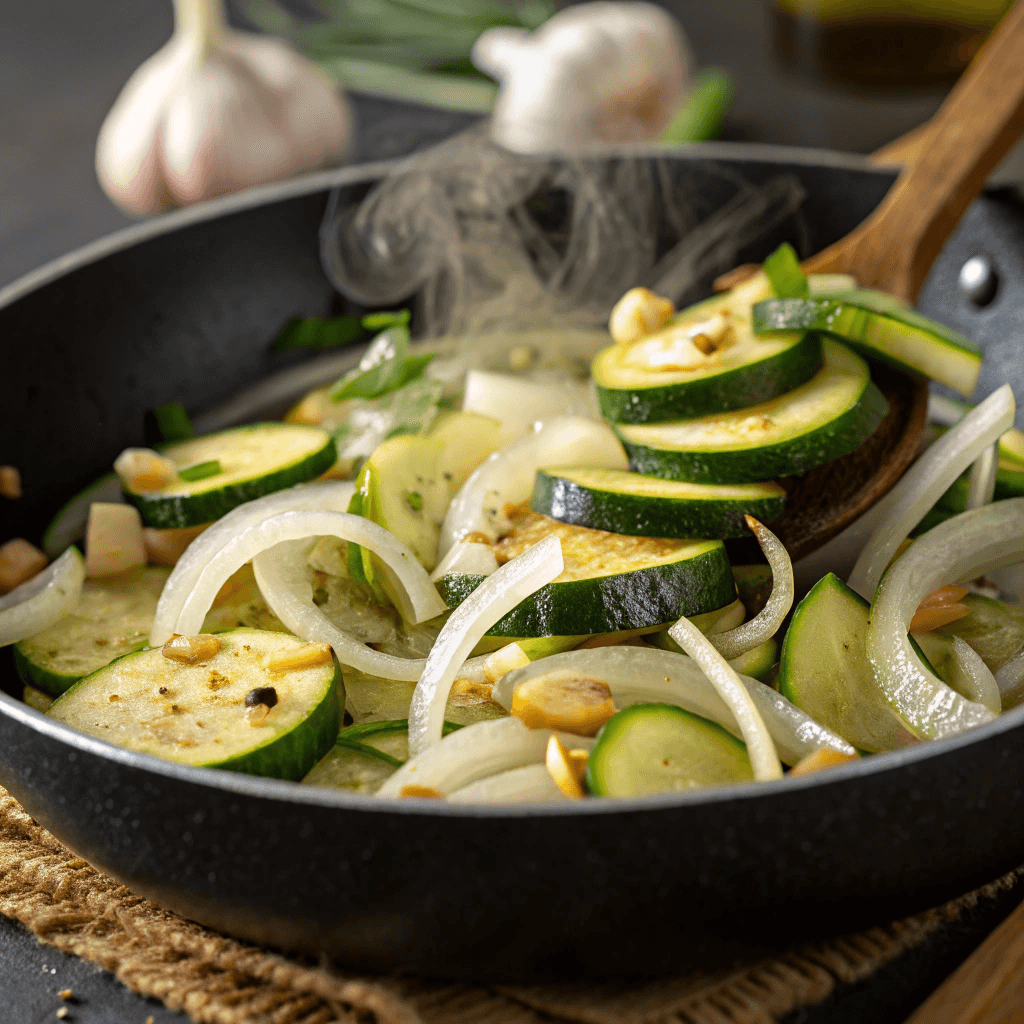 A close-up shot showing Hobak Bokkeum being stir-fried in a skillet. The photo highlights the zucchini, onions, garlic, and seasonings, as well as steam rising from the dish.