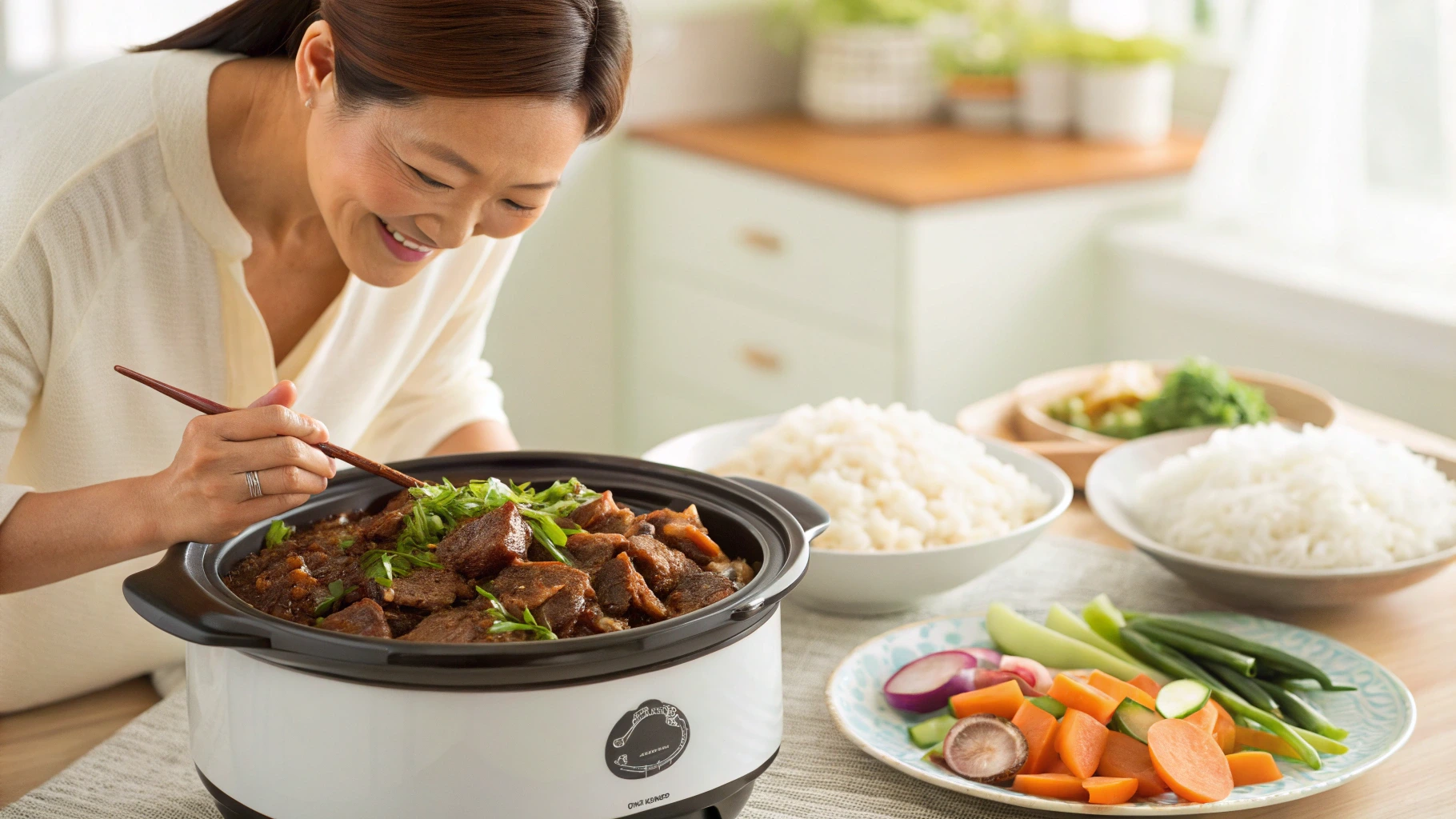 A person with dark hair uses chopsticks to stir dark-colored meat in a slow cooker, with bowls of rice and vegetables on the table.