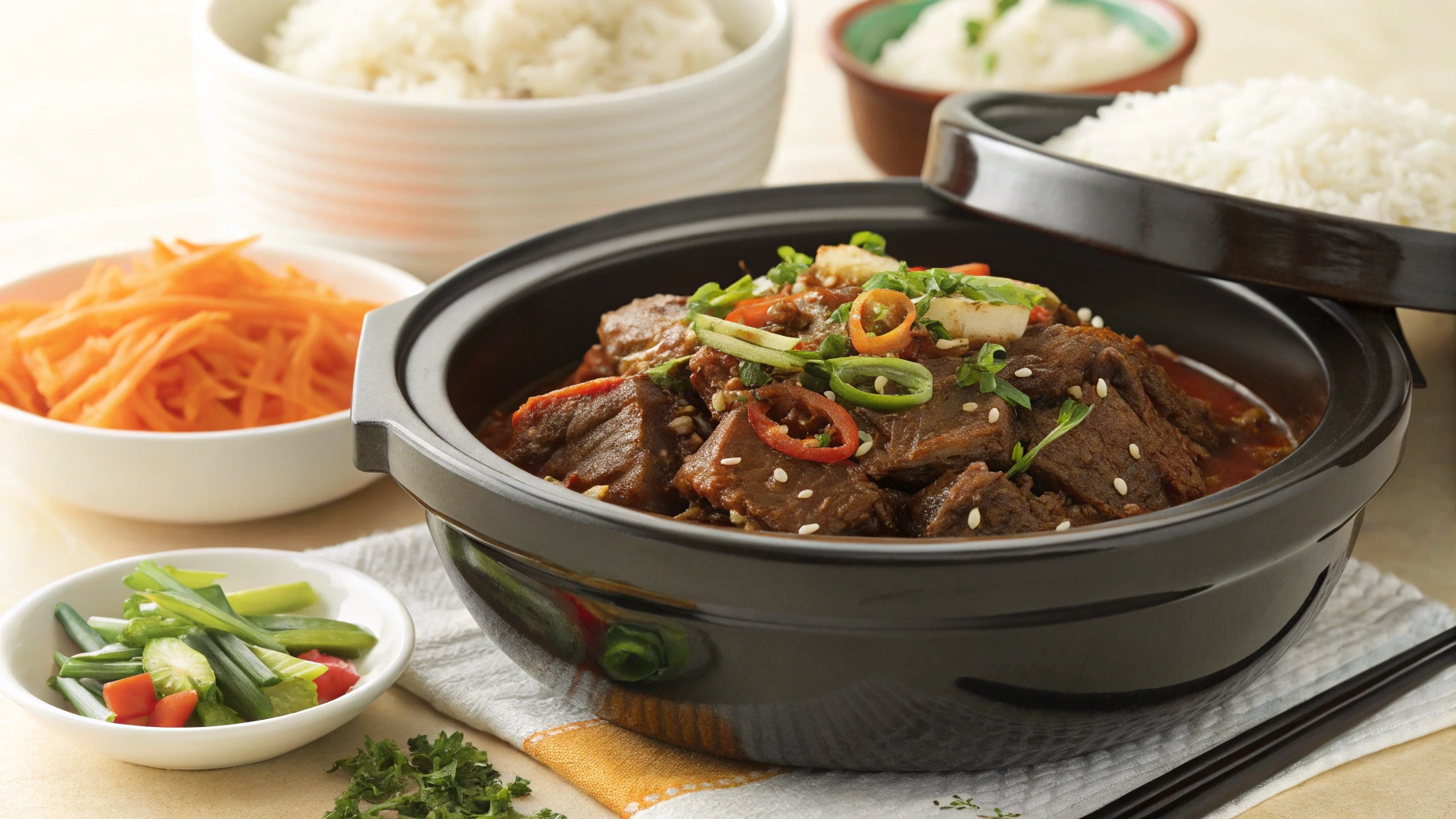 A black bowl filled with beef stew, surrounded by smaller bowls of white rice, shredded carrots, and green vegetables.
