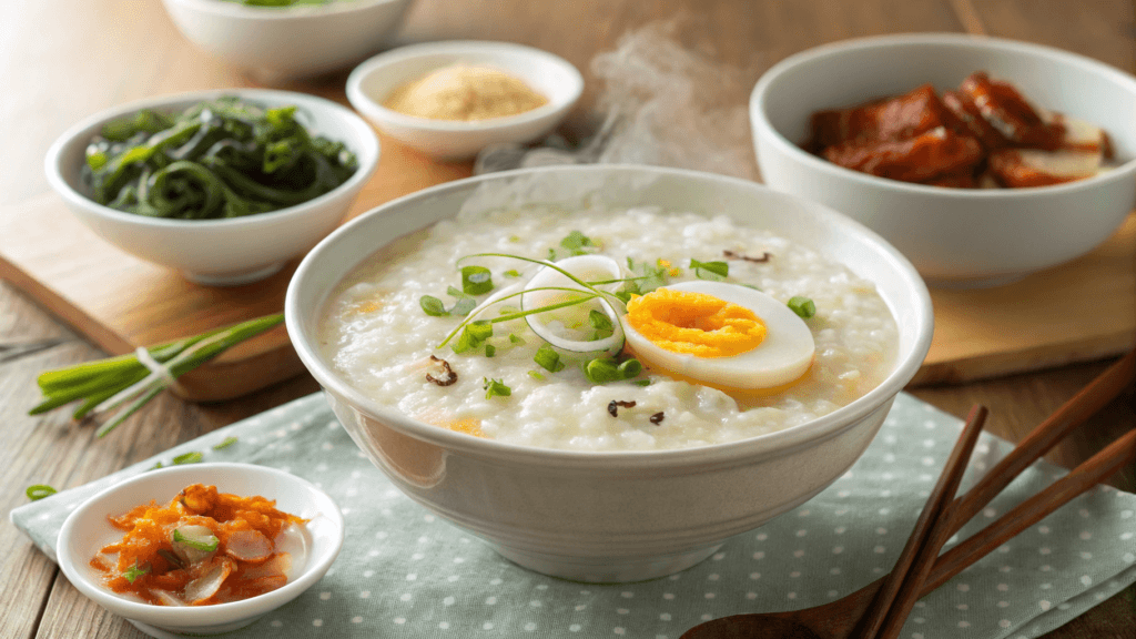 Korean Congee Bowl of Korean congee with a boiled egg, scallions, and other toppings.