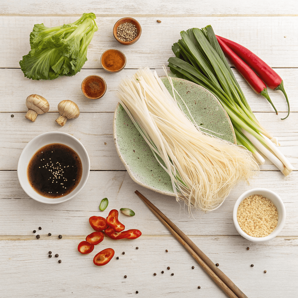 This image showcases the key components of a Cheonsachae salad: dried cheonsachae, vibrant vegetables, soy sauce, sesame oil, and spices. A bowl with the dried Cheonsachae is also displayed.