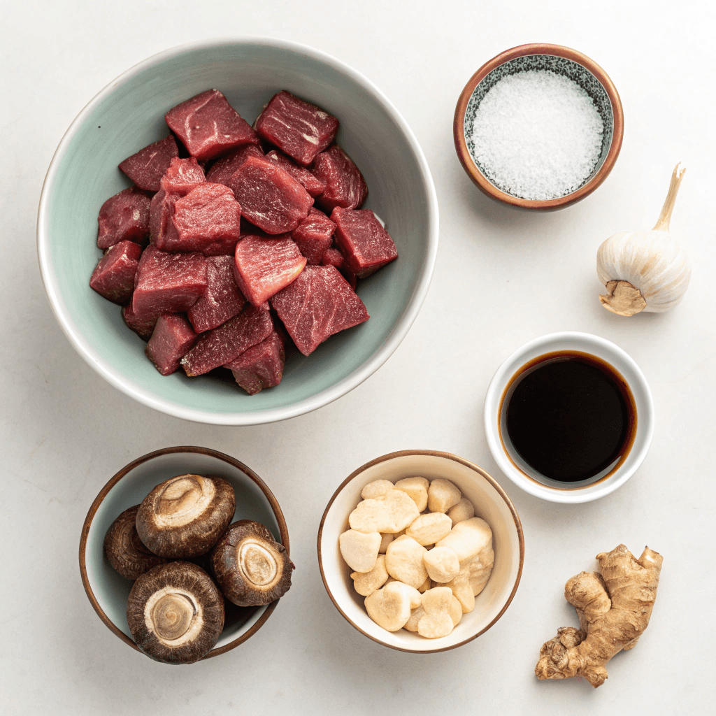 A collection of raw ingredients including beef cubes, soy sauce, garlic cloves, and fresh ginger, essential for making authentic Jangjorim.