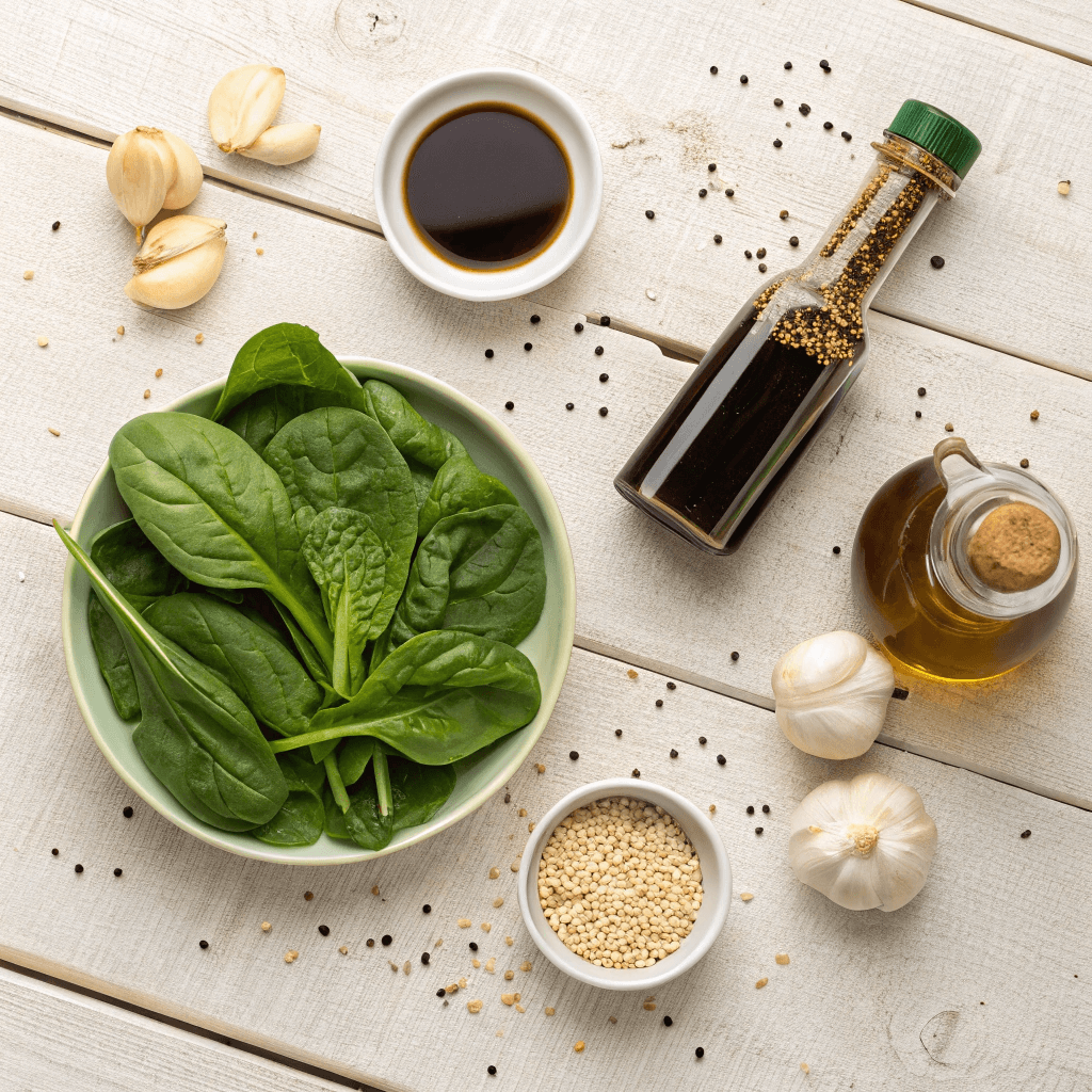A neatly laid out display of the fresh ingredients needed to make Sigeumchi Namul, emphasizing their simple and natural qualities.
