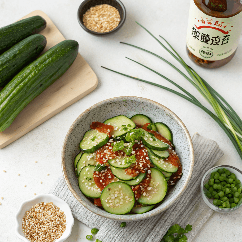 A flatlay image of a serving of Oi Muchim surrounded by its ingredients.