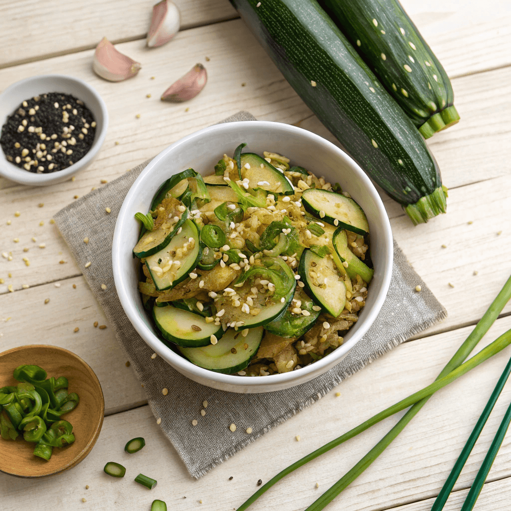 A flatlay image of a serving of Hobak Bokkeum surrounded by its ingredients.