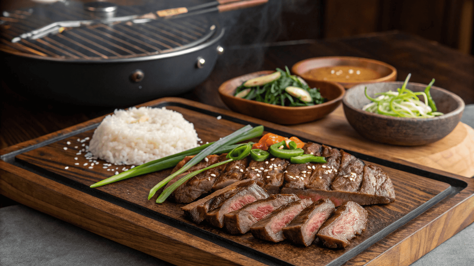 Sliced Korean BBQ beef with rice and various side dishes on a wooden platter.
