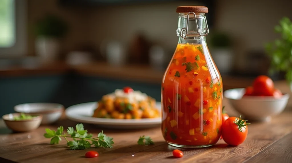 "Top view of a jar filled with freshly made homemade vegan kimchi, surrounded by chopped vegetables and seasoning."