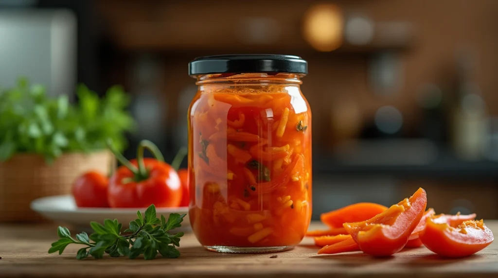 "A glass jar of homemade vegan kimchi with fresh vegetables like Napa cabbage, carrots, and daikon radish on a rustic table."