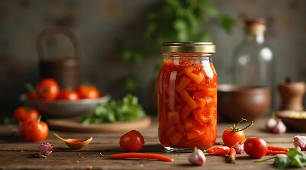 "Close-up of vibrant vegan kimchi packed in a jar, showcasing its rich red color and fresh ingredients."