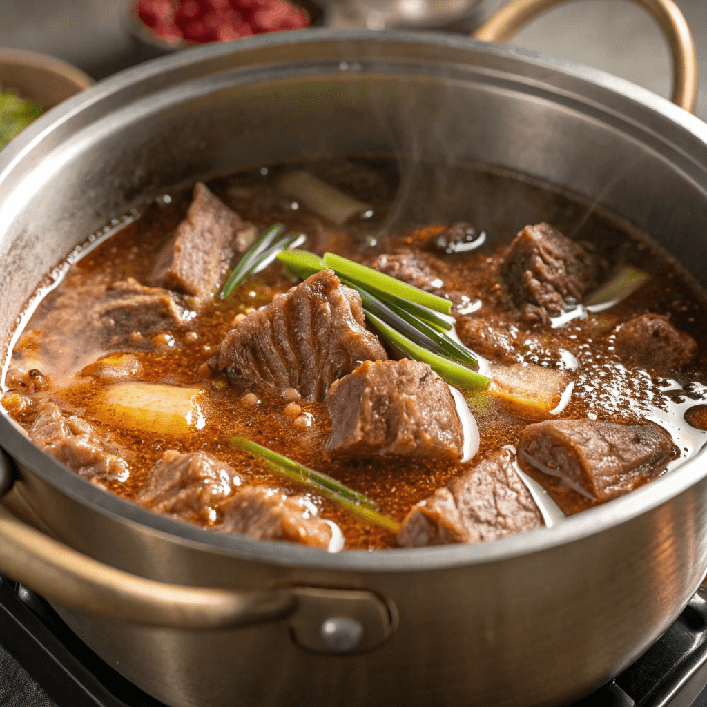 Meat simmering in a pot with braising liquid, showcasing the cooking stage of the dish.