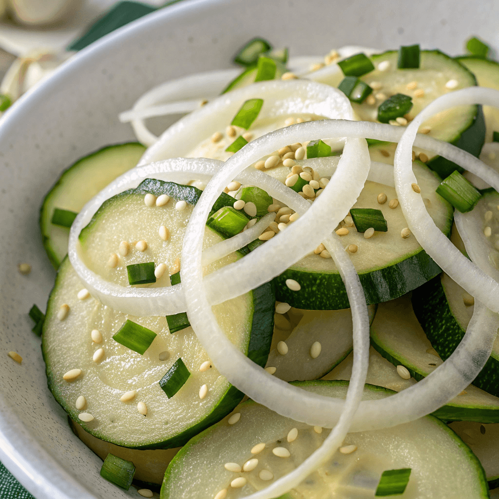 Â A macro shot showing a serving of Hobak Bokkeum. It highlights the textures and colors of the zucchini, onions, and seasonings.