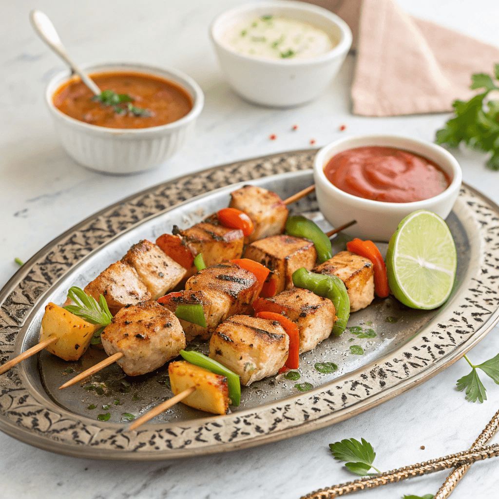 A visually appealing presentation of Sanjeok skewers on a platter, paired with various dipping sauces and side dishes.