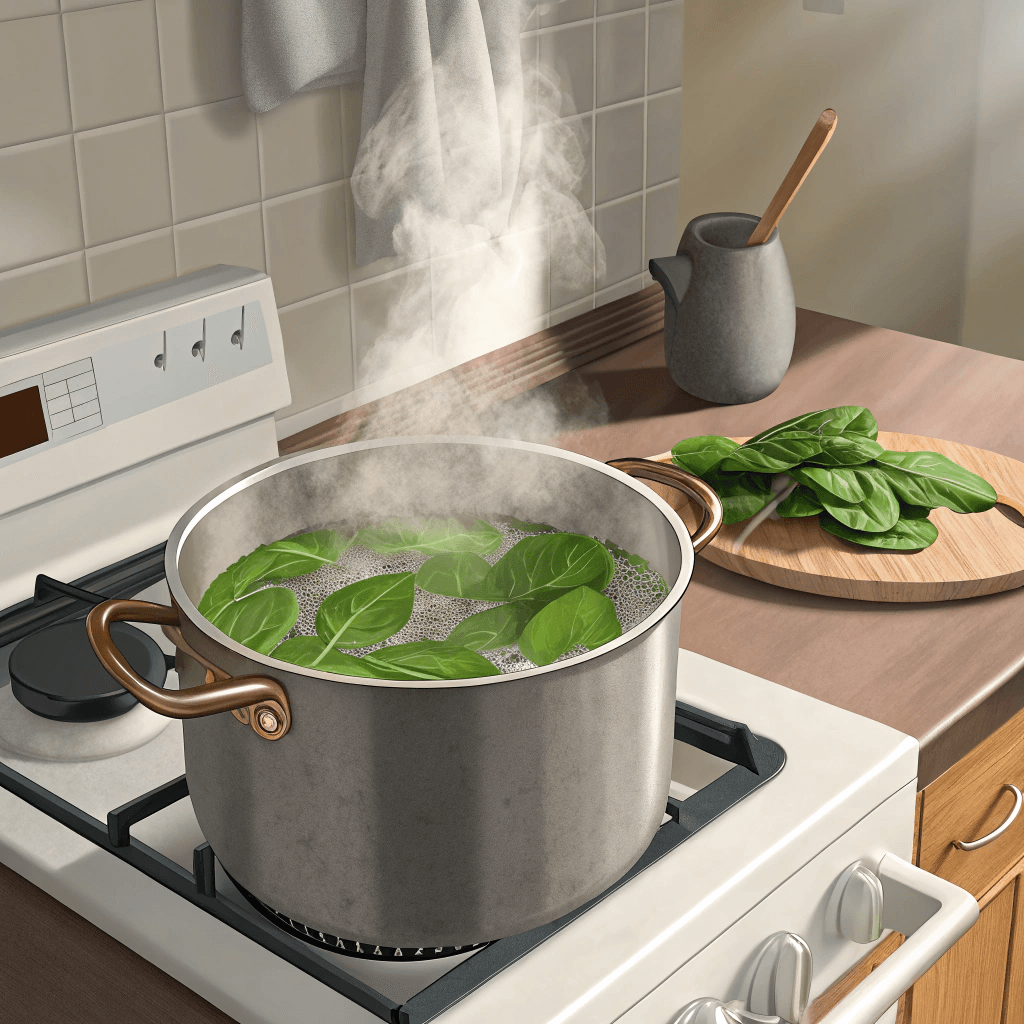A visual guide showing the step-by-step process of blanching spinach in boiling water to prepare it for Sigeumchi Namul.