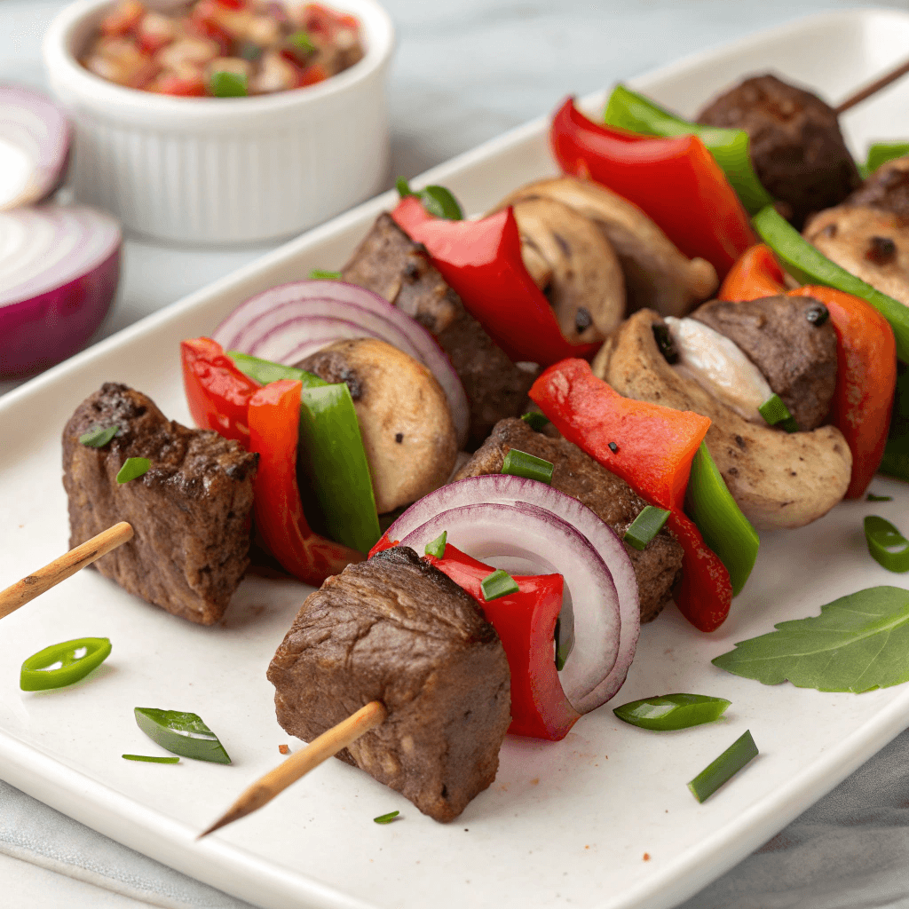 A close-up shot of beautifully arranged Sanjeok skewers, showcasing the colorful vegetables and marinated meat.