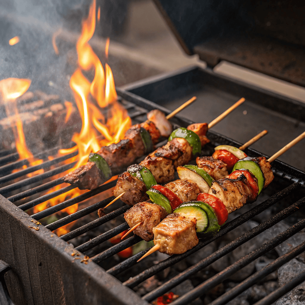 A photo of Sanjeok skewers on a grill, showcasing the charring and cooking process.