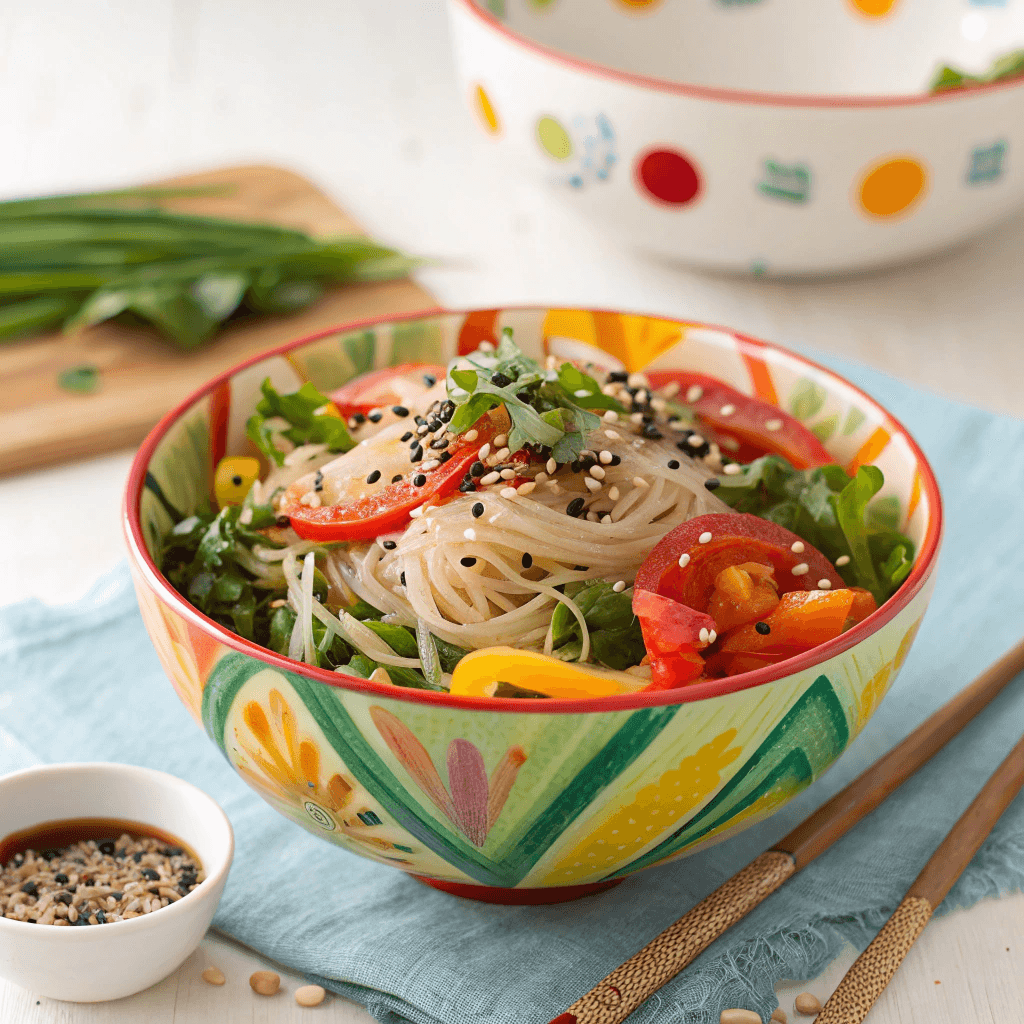 This image shows a close-up of a colorful Cheonsachae salad, highlighting its unique texture and fresh ingredients. A side dish of Cheonsachae salad is very popular in korean meals.