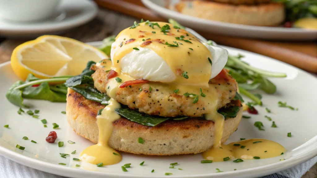 Fish Cake Benedict with poached egg and hollandaise sauce.
