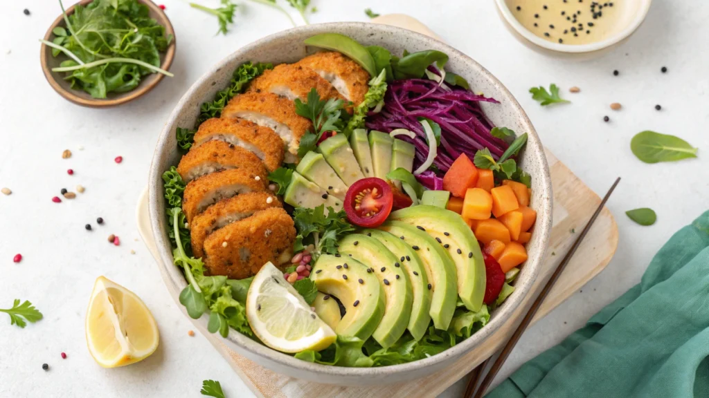 Fish cake salad bowl with mixed greens and vegetables.