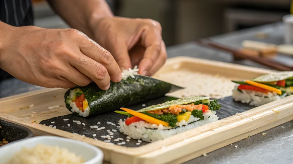 Layering ingredients in a kimbap mold.