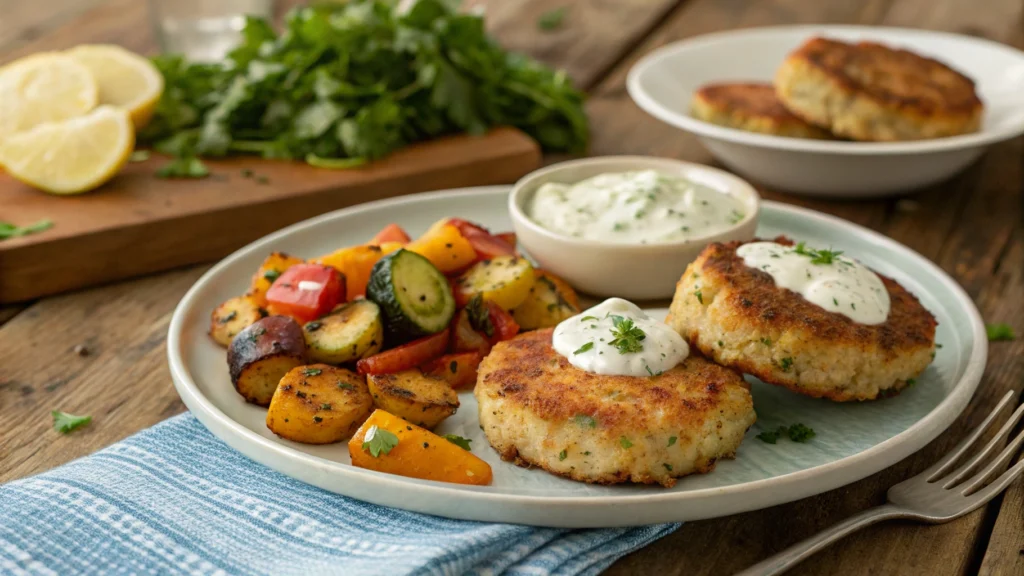 Fish cakes with tartar sauce and roasted vegetables.