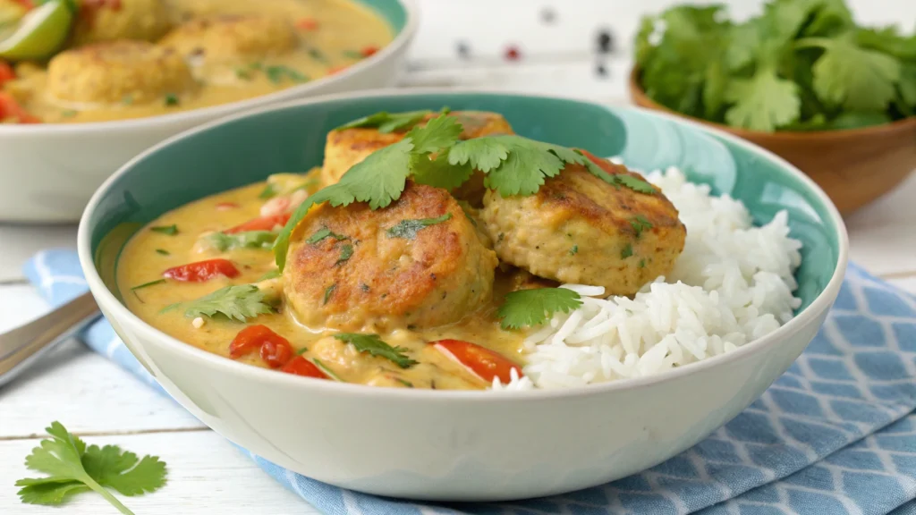 Fish cakes in coconut curry sauce with rice.