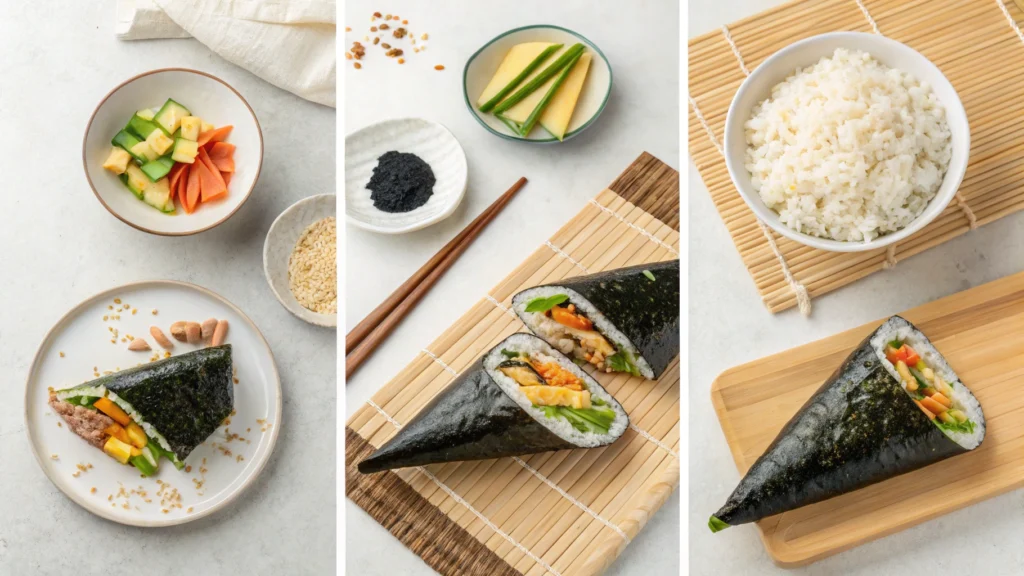 A visual recipe for making samgak kimbap.