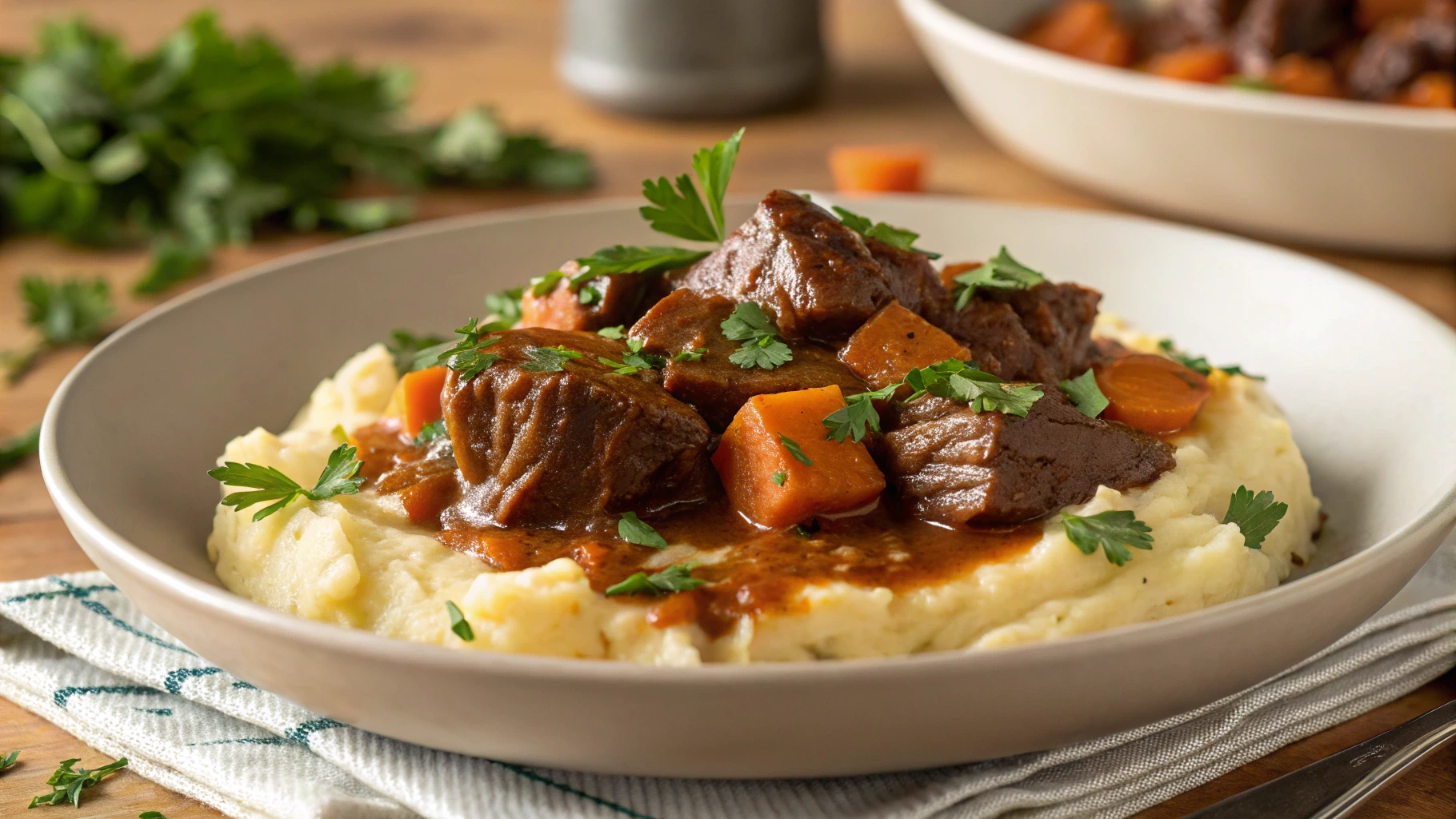 Sweet potato braised beef served over mashed potatoes