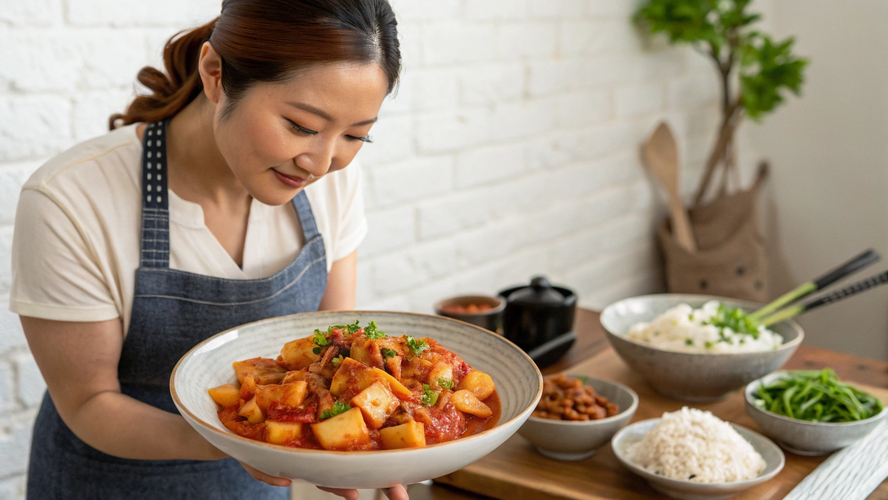 Apple Kimchi : Woman holding a bowl of Korean kimchi