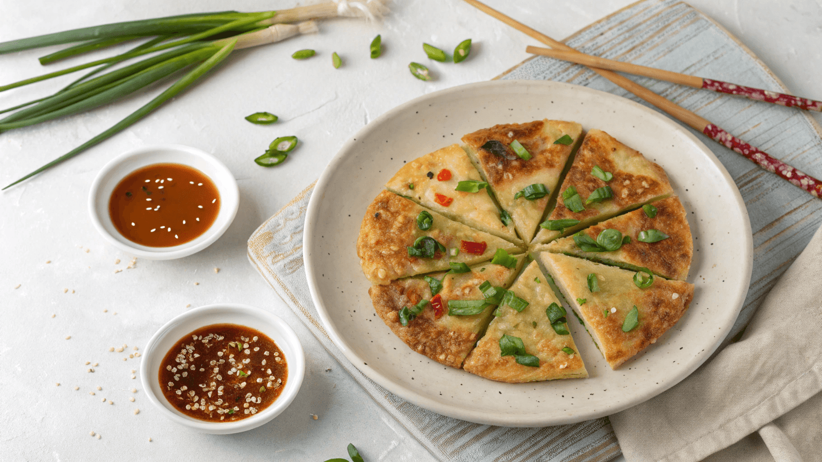 Served Korean Seafood Pancake with Dipping Sauce